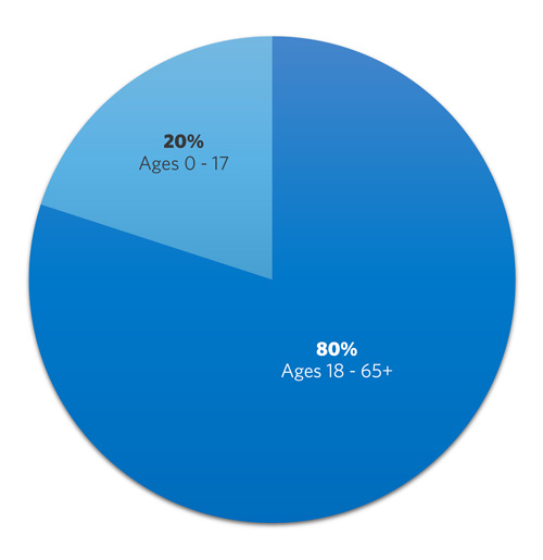 A pie chart showing the ages of people we serve, from 0 to 17 and 18 to 65 and over.