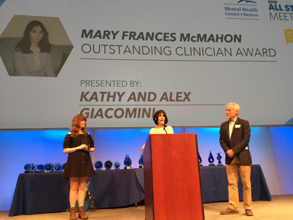 Dr. Kathy Giacomini, Alex Giacomini, and VP of Development Ric Durity present the first annual Mary Frances McMahon Outstanding Clinician Award.
