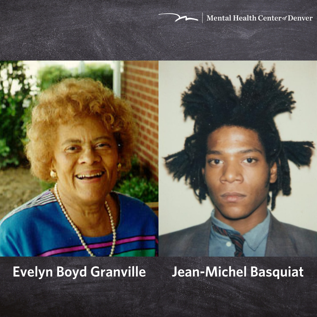 Image of Evelyn Boyd Granville (left) and Jean-Michel Basquiat (right). Both images are photos of their faces. They are looking at the camera. Evelyn is smiling and Jean-Michel is not.