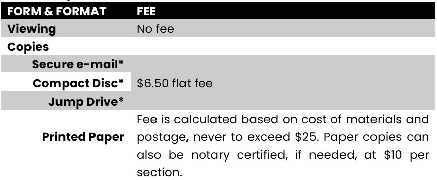 Fpr, and format table. Viewing: no fee. Copies of secure email, compact disc, and jump drive are all $6.50 flat fee. Printed paper: fee is calculated based on cost of materials and postage, never to exceed $25. Paper copies can also be notary certified, if needed, at $10 per section.